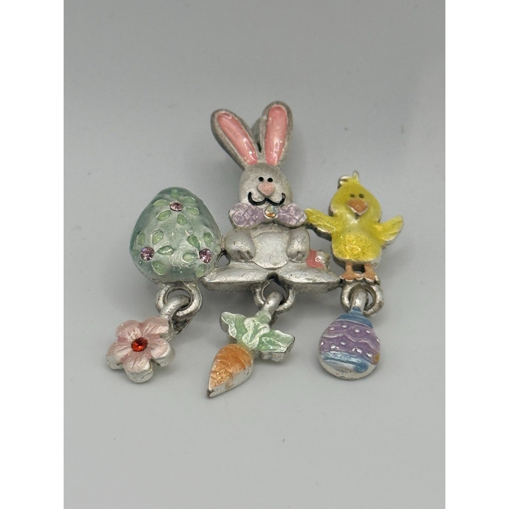 Vintage Easter Brooch Bunny Egg Chick Dangle Signed AJMC Enamel Silver Tone